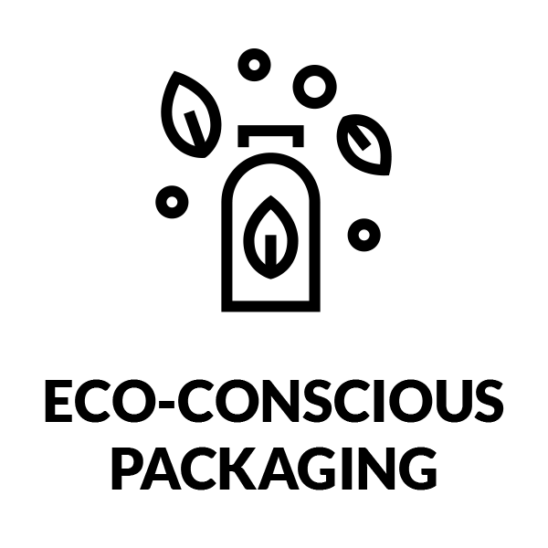 Eco-conscious packaging icon with leaves and bottle.