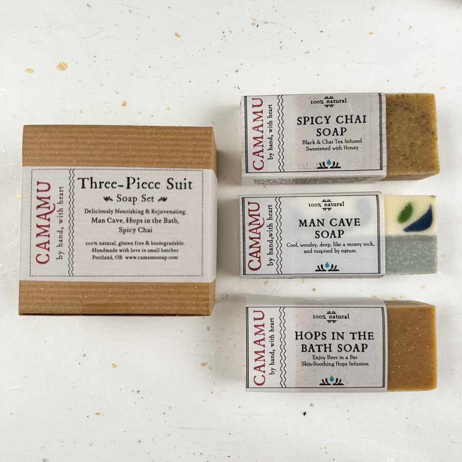 Three-piece soap set (Man Cave, Spicy Chai, Hops) by Camamu
