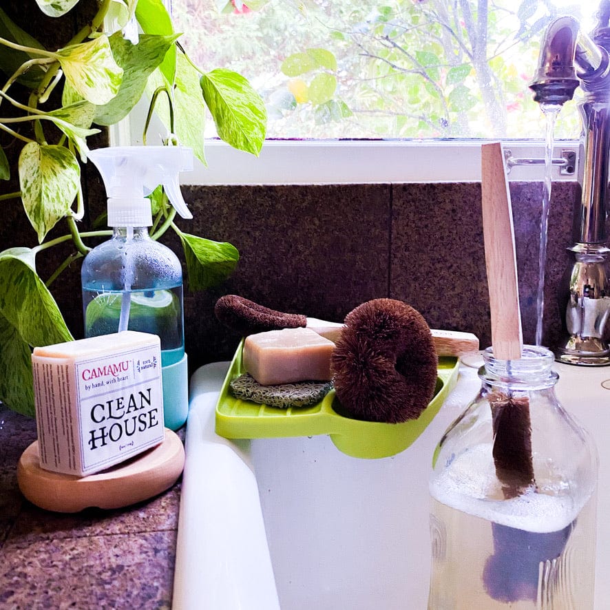 Clean house cleaning supplies next to sink.
