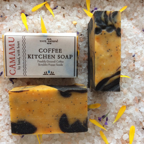 Camamu's all natural, handmade Coffee Kitchen Soap helps to alleviate cooking orders from the hands while poppy seeds help remove sticky bits.