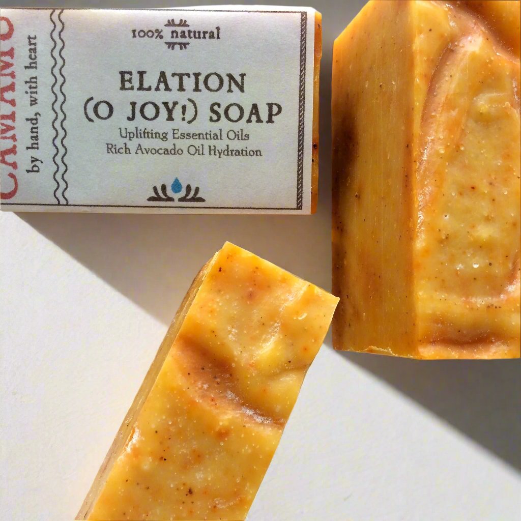 Camamu's handmade all natural Elation Soap is scented with stress-reducing essential oils and super-fatted with avocado oil.