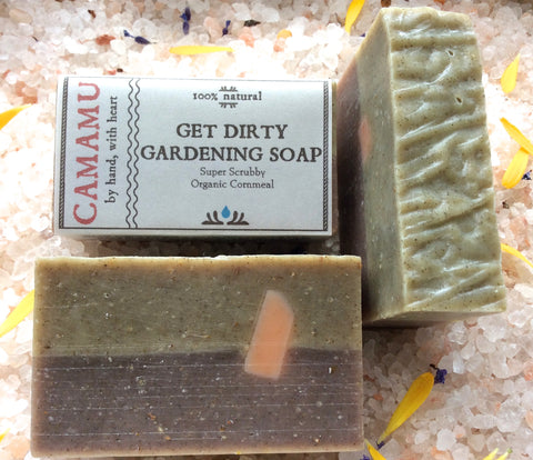 Camamu's Get Dirty Gardening Soap provides a gritty cleaning of hard working hands. Made with organic cornmeal and anti-septic essential oils.