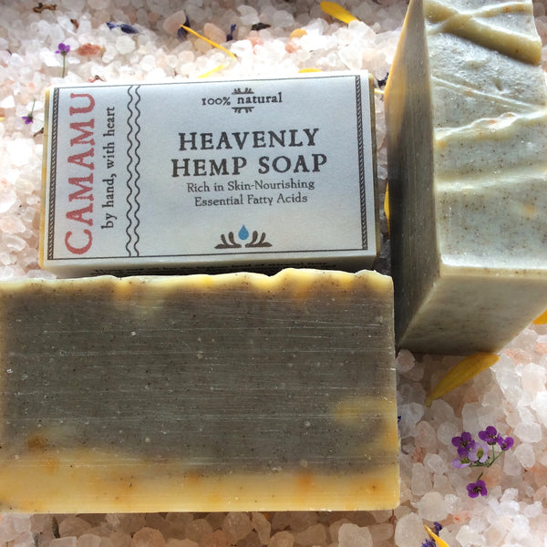Camamu Soap's all natural and handmade Heavenly Hemp Soap is made with richly nourishing, essential fatty acid-rich, deeply moisturizing hemp seed oil and scented with earthy, grounding essential oils.
