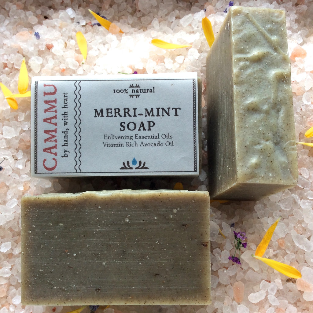 An avocado oil-enriched, vitamin-rich soap, Camamu Soap's Merri-Mint Soap is scented with an energizing and deodorizing essential oil blend of spearmint, peppermint and cassia.
