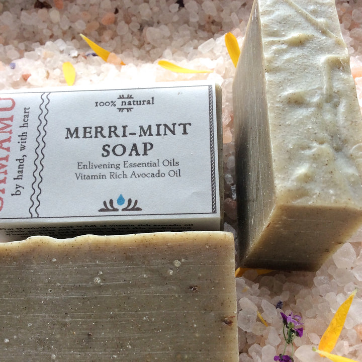 An avocado oil-enriched, vitamin-rich soap, Camamu Soap's Merri-Mint Soap is scented with an energizing and deodorizing essential oil blend of spearmint, peppermint and cassia.