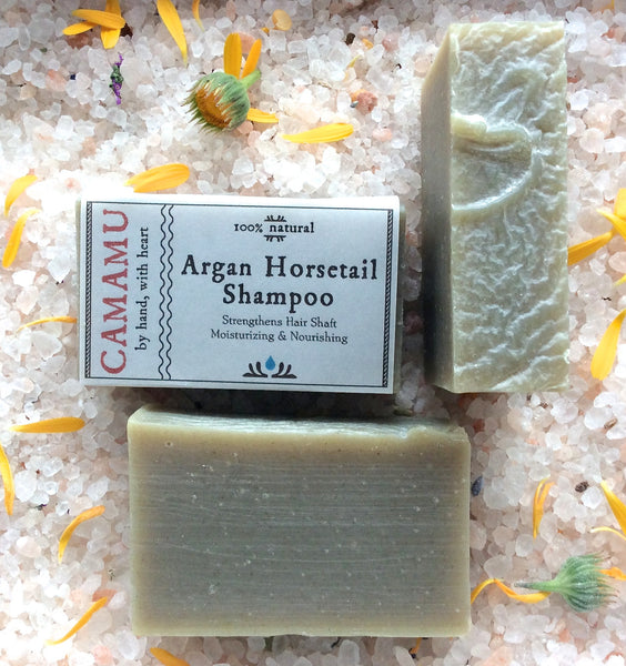 All natural hair strengthening dandruff bar shampoo handmade with argan oil and infused with organic horsetail