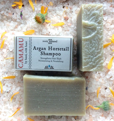 All natural hair strengthening dandruff bar shampoo handmade with argan oil and infused with organic horsetail