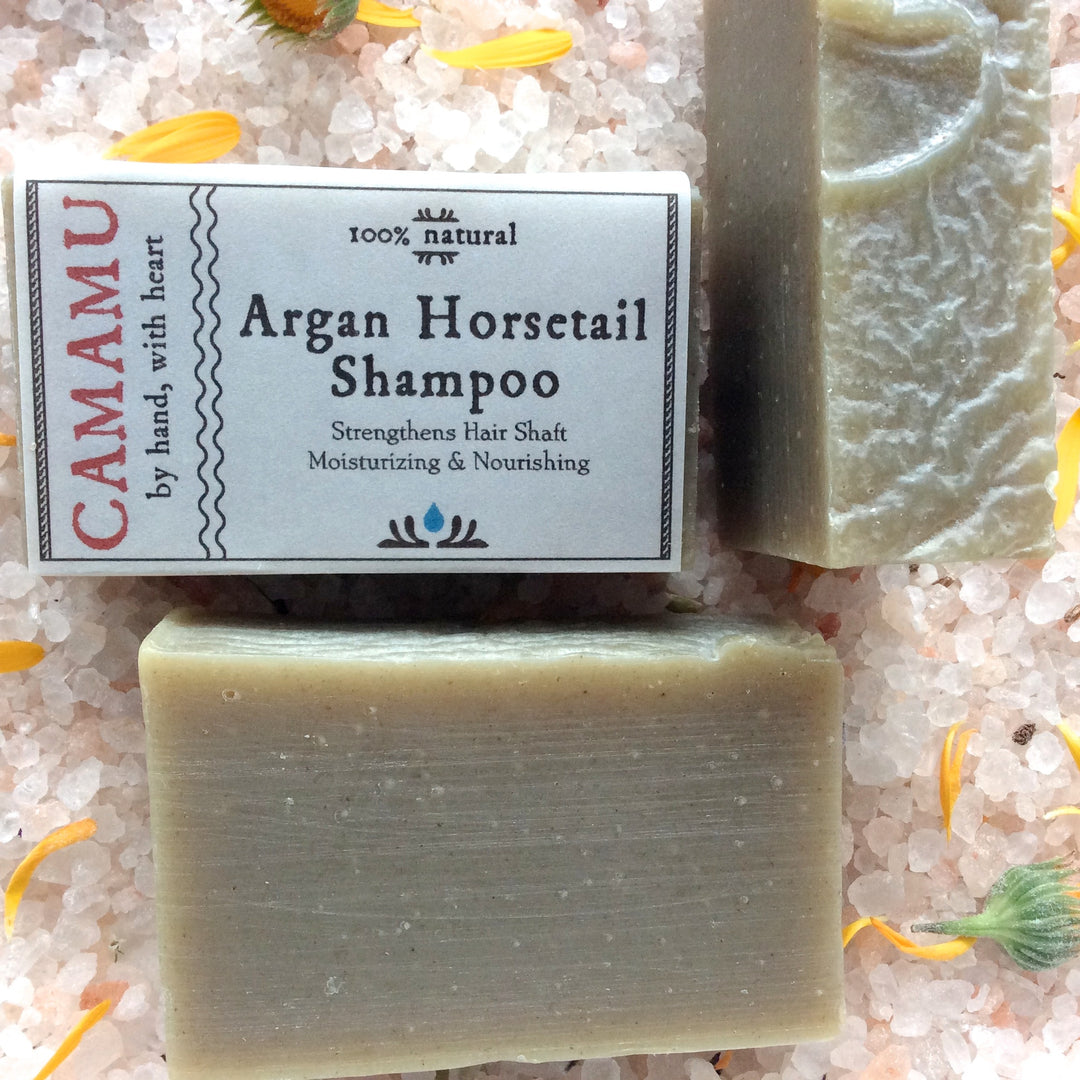 All natural hair strengthening dandruff bar shampoo handmade with argan oil and infused with organic horsetail