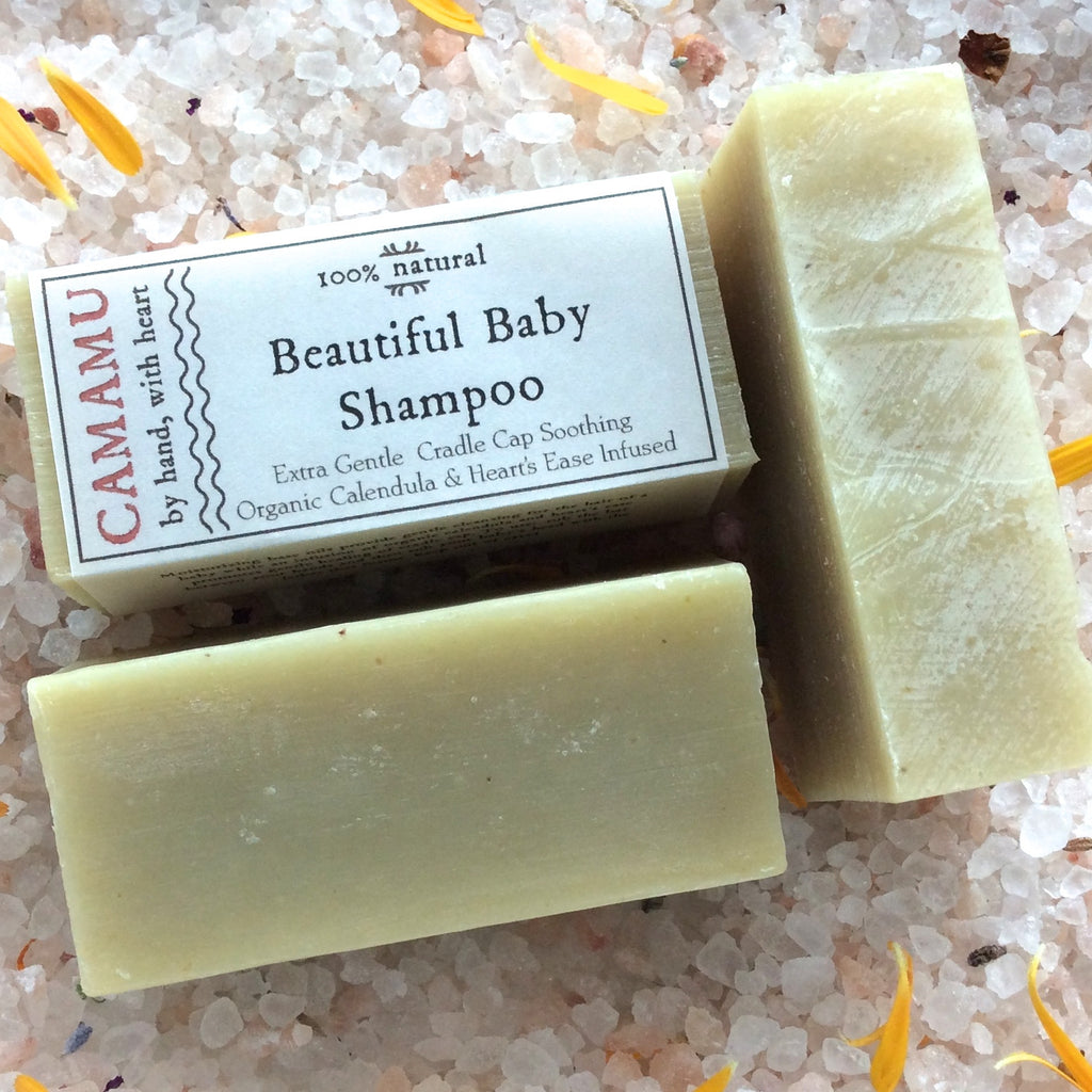 Camamu's all natural Beautiful Baby Shampoo infused with organic calendula and heart's ease for lessening cradle cap