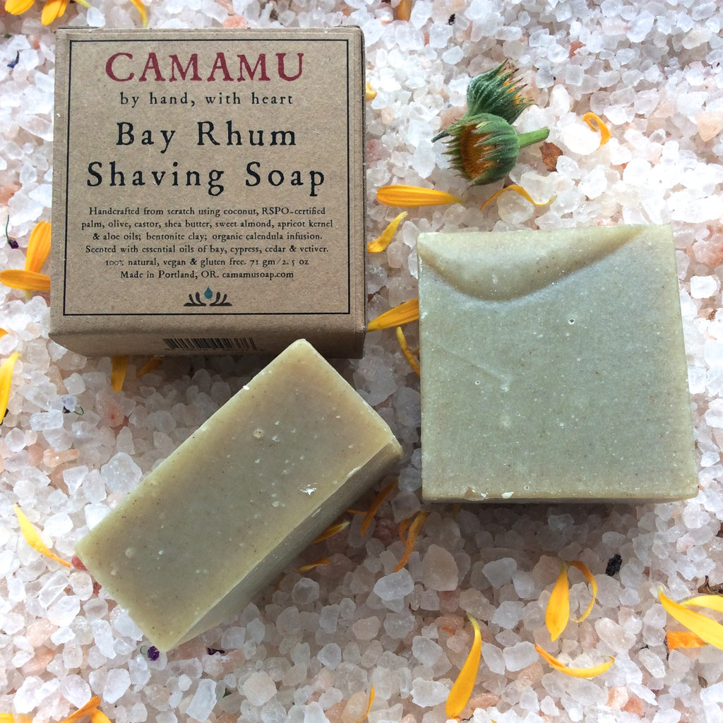 Camamu Soap's classic all natural handmade shaving soap scented with bay and spicy essential oils