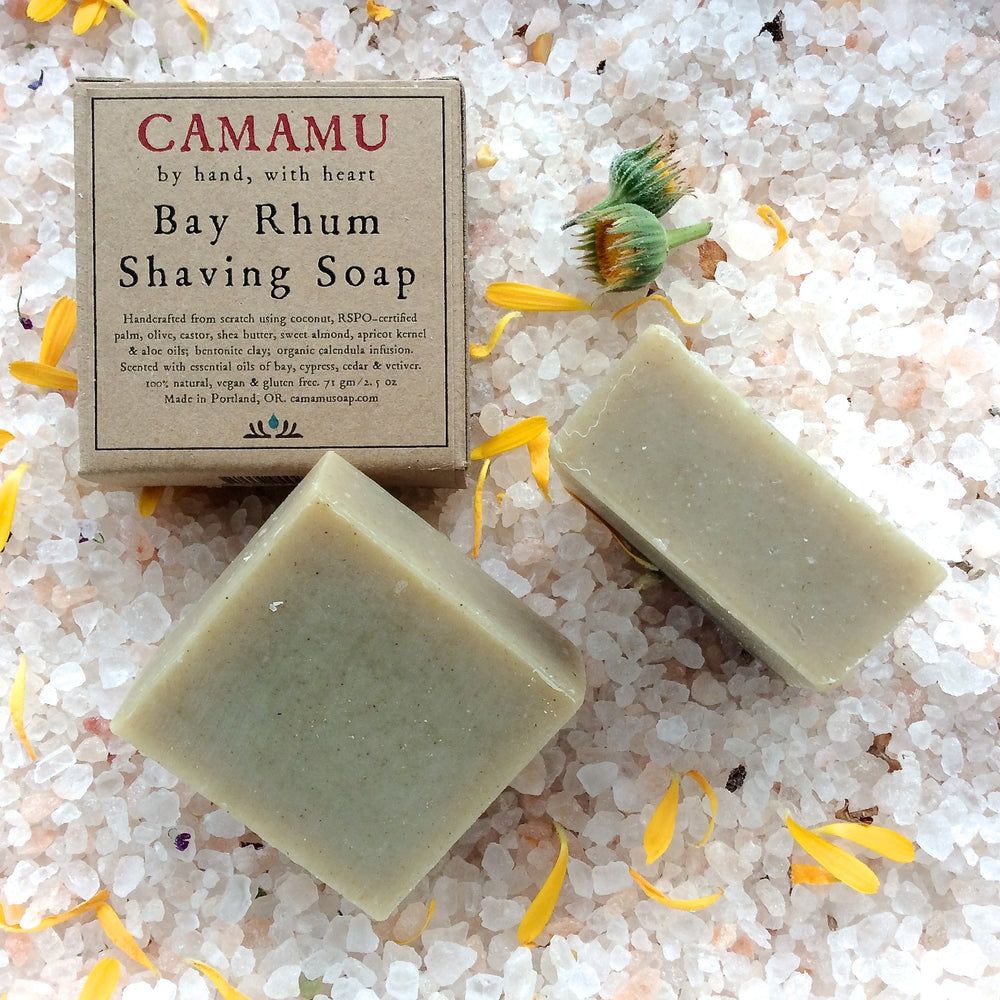 Camamu Soap's classic all natural handmade shaving soap scented with bay and spicy essential oils