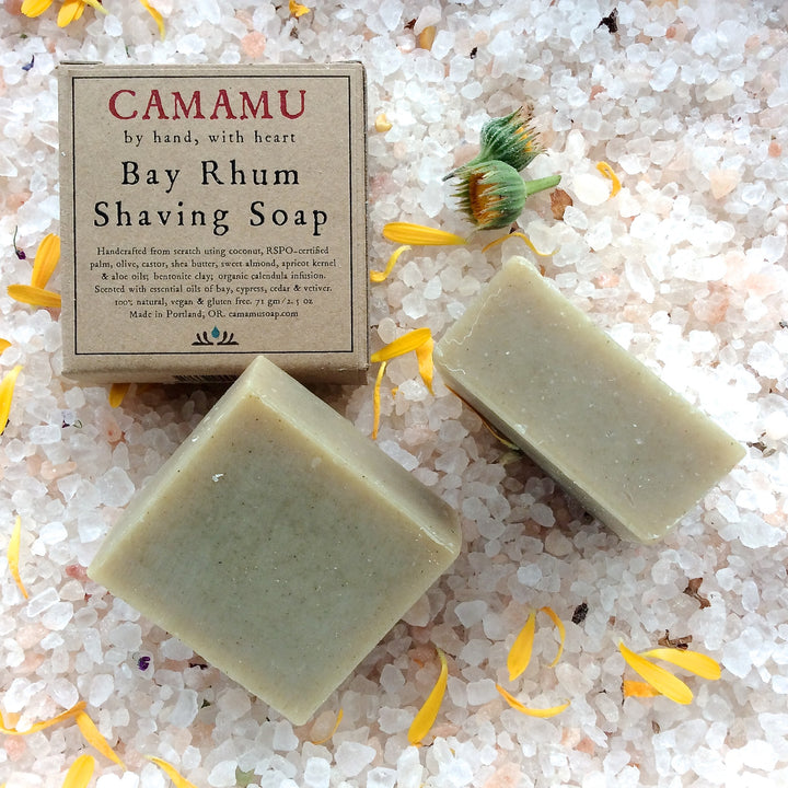 Camamu Soap's classic all natural handmade shaving soap scented with bay and spicy essential oils