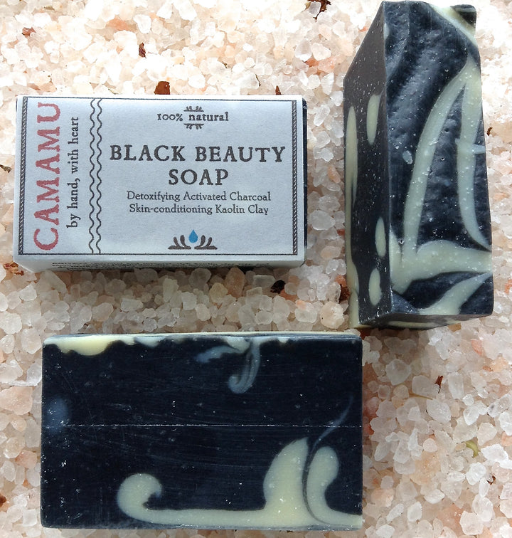 Camamu Soap's detoxifying Black Beauty Soap contains kaolin clay, activated charcoal and an essential oil blend that augments this soap's detoxification properties