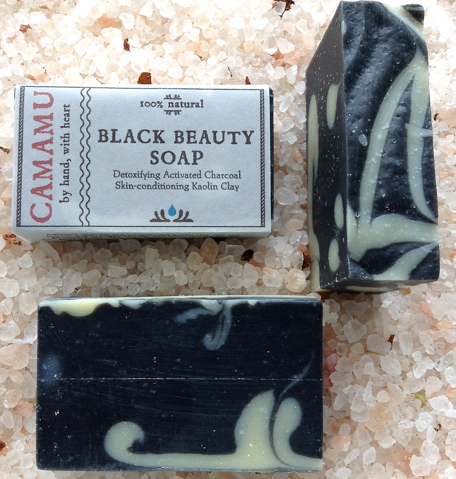 Camamu Soap's detoxifying Black Beauty Soap contains kaolin clay, activated charcoal and an essential oil blend that augments this soap's detoxification properties