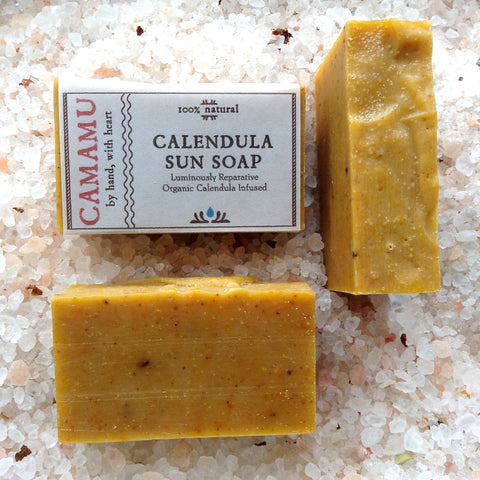 Camamu Soap's Calendula Sun Soap, handmade, all natural, infused with organic skin-healing calendula and scented with skin-rebalancing geranium essential oil
