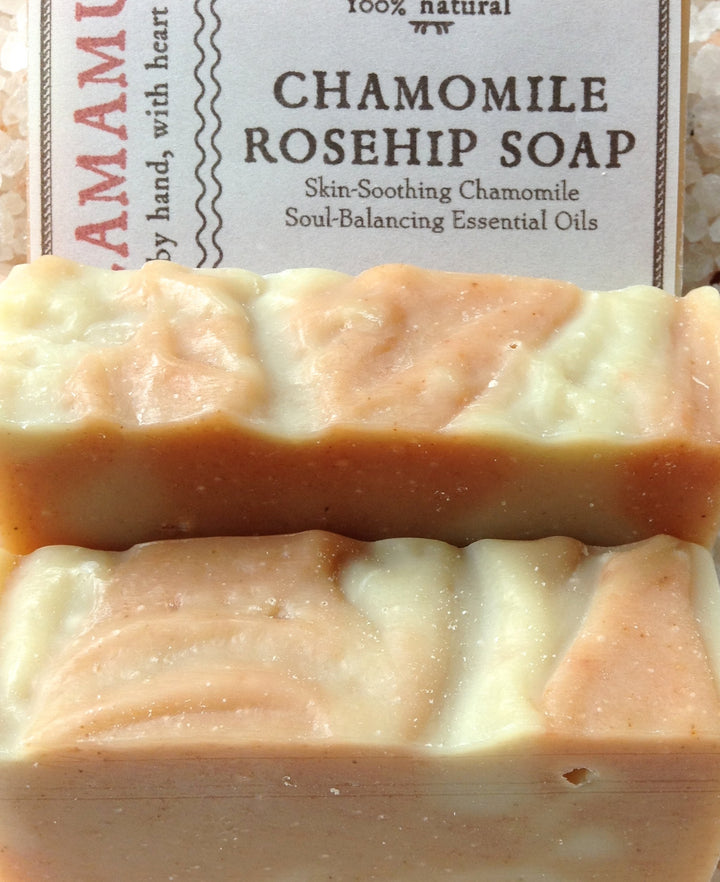 Camamu Soap's all natural handmade Chamomile Rosehip Soap infused with organic chamomile for skin soothing and super-fatted with skin softening, nourishing rose hip seed oil