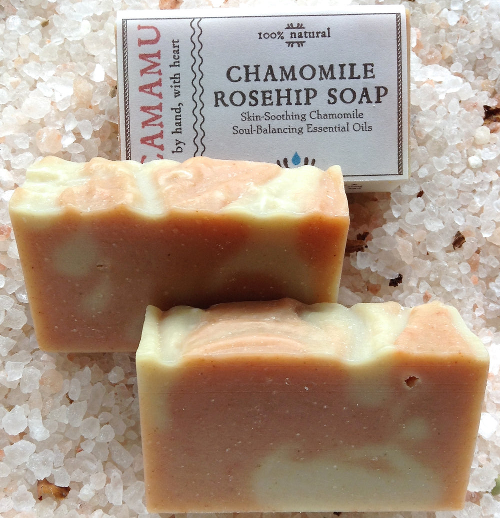 Camamu Soap's all natural handmade Chamomile Rosehip Soap infused with organic chamomile for skin soothing and super-fatted with skin softening, nourishing rose hip seed oil